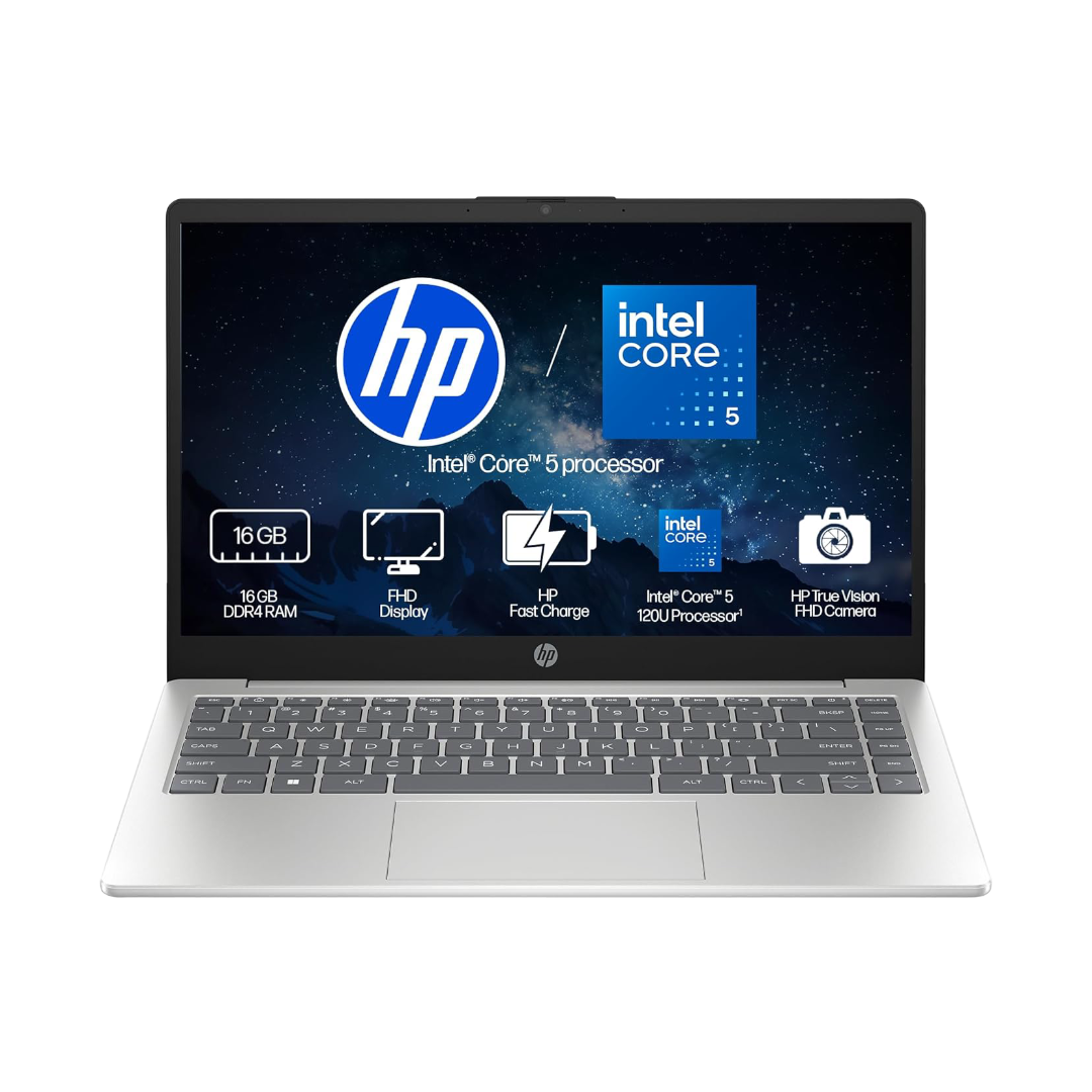 HP 14, Intel Core 5-120U (16GB DDR4, 512GB SSD), FHD, Micro -Edge, Anti-Glare, 14''/35.6cm, Win11, M365* Office24, Silver, 1.41kg, ep0385tu, FHD Camera, Iris Xe Graphics, Backlit Laptop