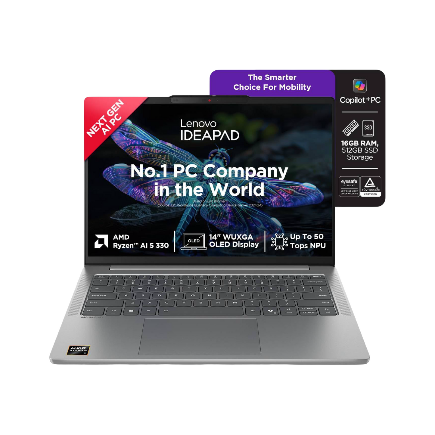 Lenovo IdeaPad Slim 5 AMD Ryzen AI 5 330 (16GB RAM/512GB SSD/14 (35.5cm)/WUXGA IPS/Copilot+ PC/Windows 11/Office Home 2024/Backlit Keyboard/1Yr ADP Free/Grey/1.4Kg), 83HX008XIN AI Laptop