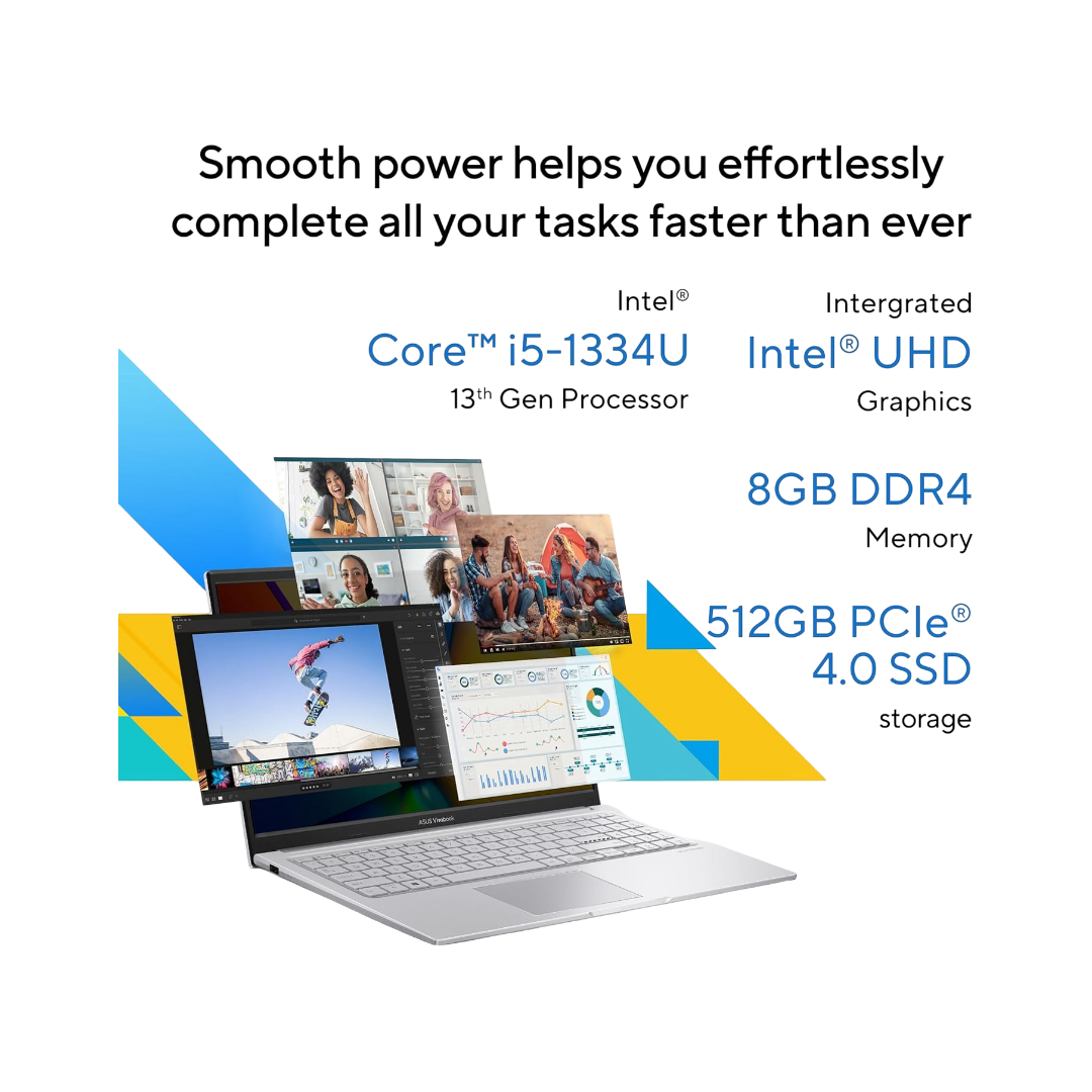ASUS Vivobook 15, 15.6" FHD (1920 x 1080), Intel Core i5-1334U, (8GB RAM/512GB SSD/Intel Iris Xᵉ/Win 11/M365 Basic (1Year)*/Backlit Keyboard/Office Home 2024/Cool Silver/1.70 kg), X1504VA-NJ1765WS