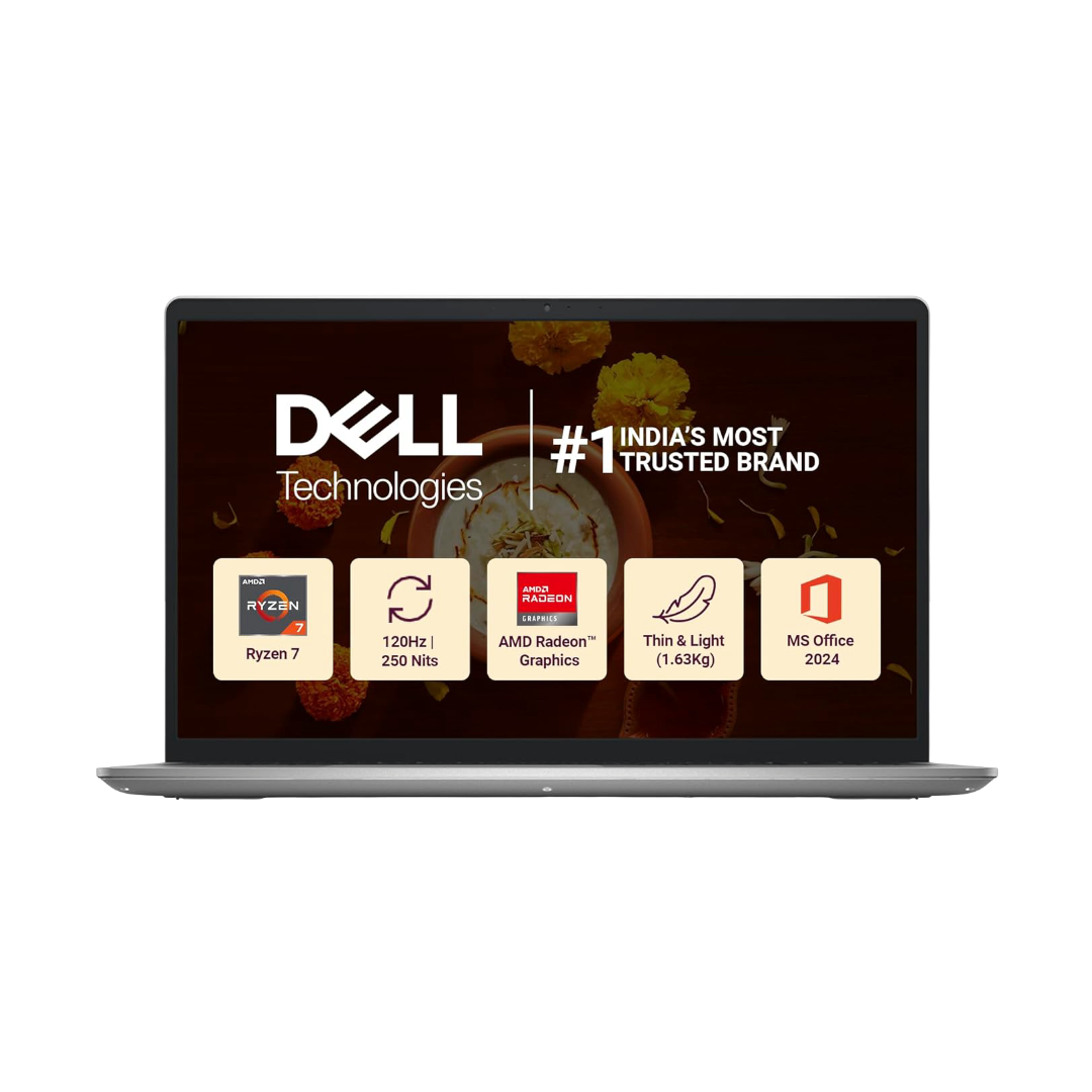 Dell 15, AMD Ryzen 7-7730U, 16GB DDR4, 512GB SSD, FHD 15.6"/39.6 cm, Windows 11, Office H&S 2024, Platinum Silver, 1.63 Kg, 120Hz 250 nits, AMD Radeon Graphics, Standard Keyboard, Thin & Light Laptop