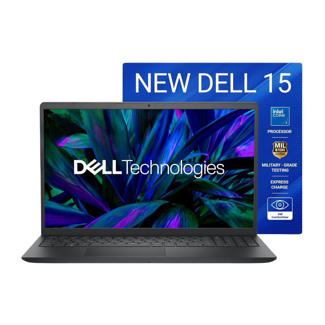 New Dell 15 Laptop, Intel Core 3 100U Processor, 16GB DDR4, 512 SSD, Intel UHD Graphics, 15.6" NT FHD 120Hz IPS AG 250 nit Display, Win 11 + Office H&S 2024, Carbon Black, Thin & Light- 1.63Kg