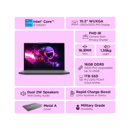 Lenovo IdeaPad Slim 3 13th Gen Core i5-13420H 15.3 inch (38.8cm) WUXGA IPS Laptop (16GB RAM/1TB SSD/Windows 11/Office Home 2024/Backlit Keyboard/1Yr ADP Free/3 Mon. Game Pass/Grey/1.6Kg), 83K100HSIN