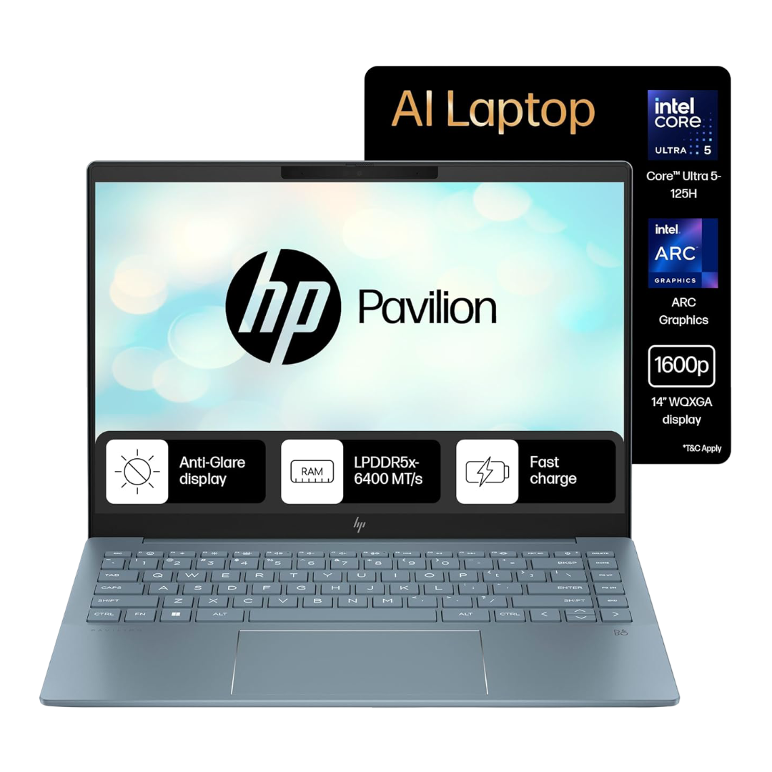 HP Pavilion AI Laptop, Intel Core Ultra 5 125H 12 Tops, (16GB LPDDR5x, 512GB SSD), WQXGA,IPS, 300 nits, 14''(35.6cm),Win 11, M365 Basic(1yr), Office Home24, Blue,1.44kg,5MP Camera w/Shutter, ew1112TU