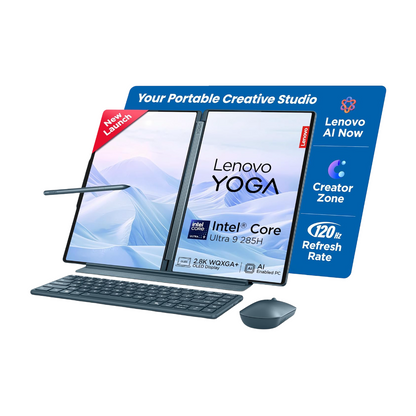 Lenovo Yoga Book 9 2025 Intel Evo Core Ultra 9 285H Dual 14" 2.8K WQXGA+ OLED Display (2x35.5cm) with Pen+Slim Mouse+Folio Stand+Sleeve |32GB RAM/1TB SSD/Windows 11/Office 2024/Teal/1.2Kg, 83KJ000QIN