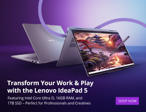 Lenovo IdeaPad 5 laptop with stylus on a purple background, featuring text about its specifications and an 'Shop Now' button.